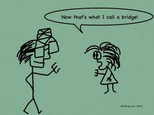Man wears penta bridge glasses and woman says, "Now that's what I call a bridge!"