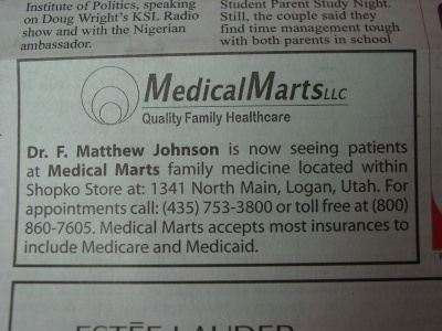 Newspaper ad for family doctor inside Shopko